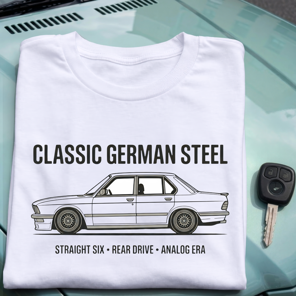 Classic German Steel E28 T-Shirt, Straight Six Rear Drive Analog Era Graphic Tee