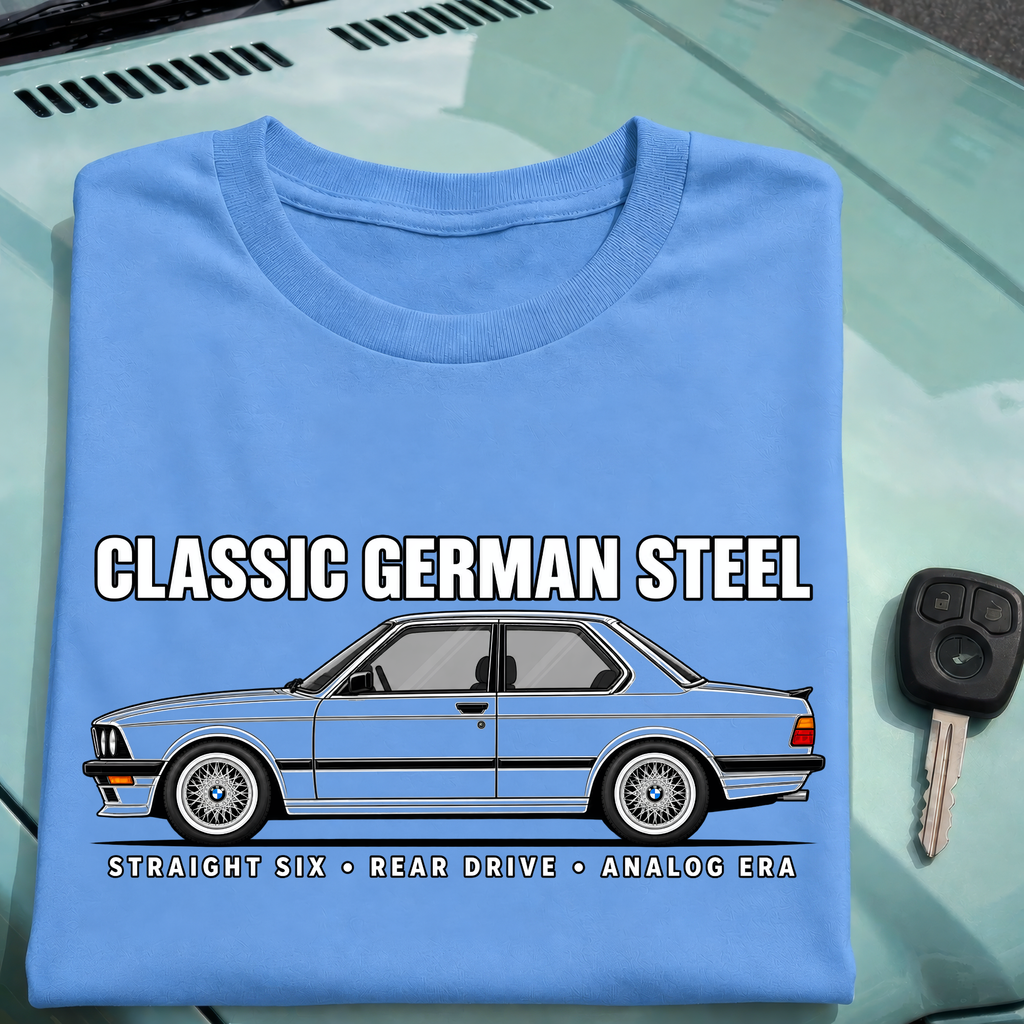 Classic German Steel E28 T-Shirt, Straight Six Rear Drive Analog Era Graphic Tee