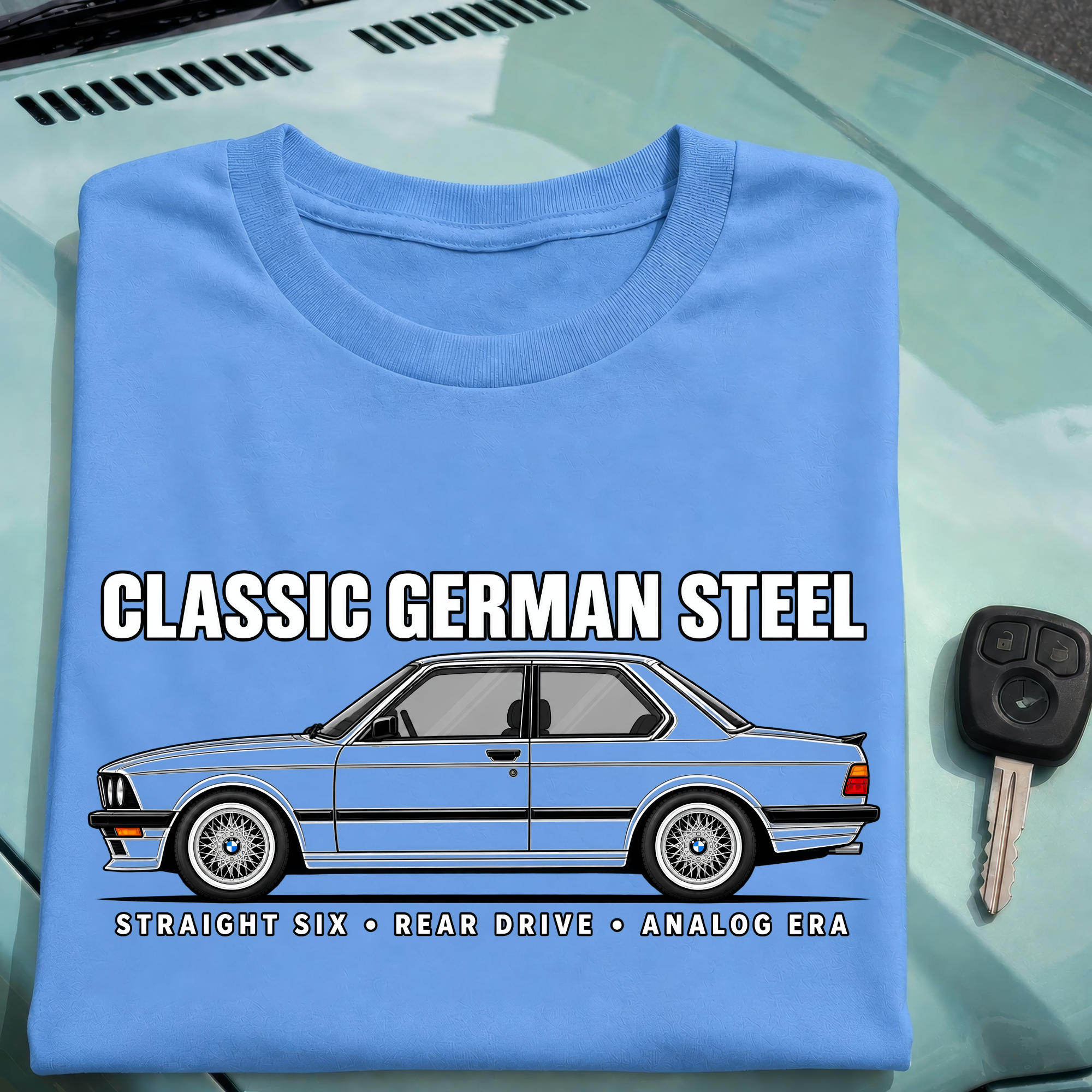 Classic German Steel E28 T-Shirt, Straight Six Rear Drive Analog Era Graphic Tee